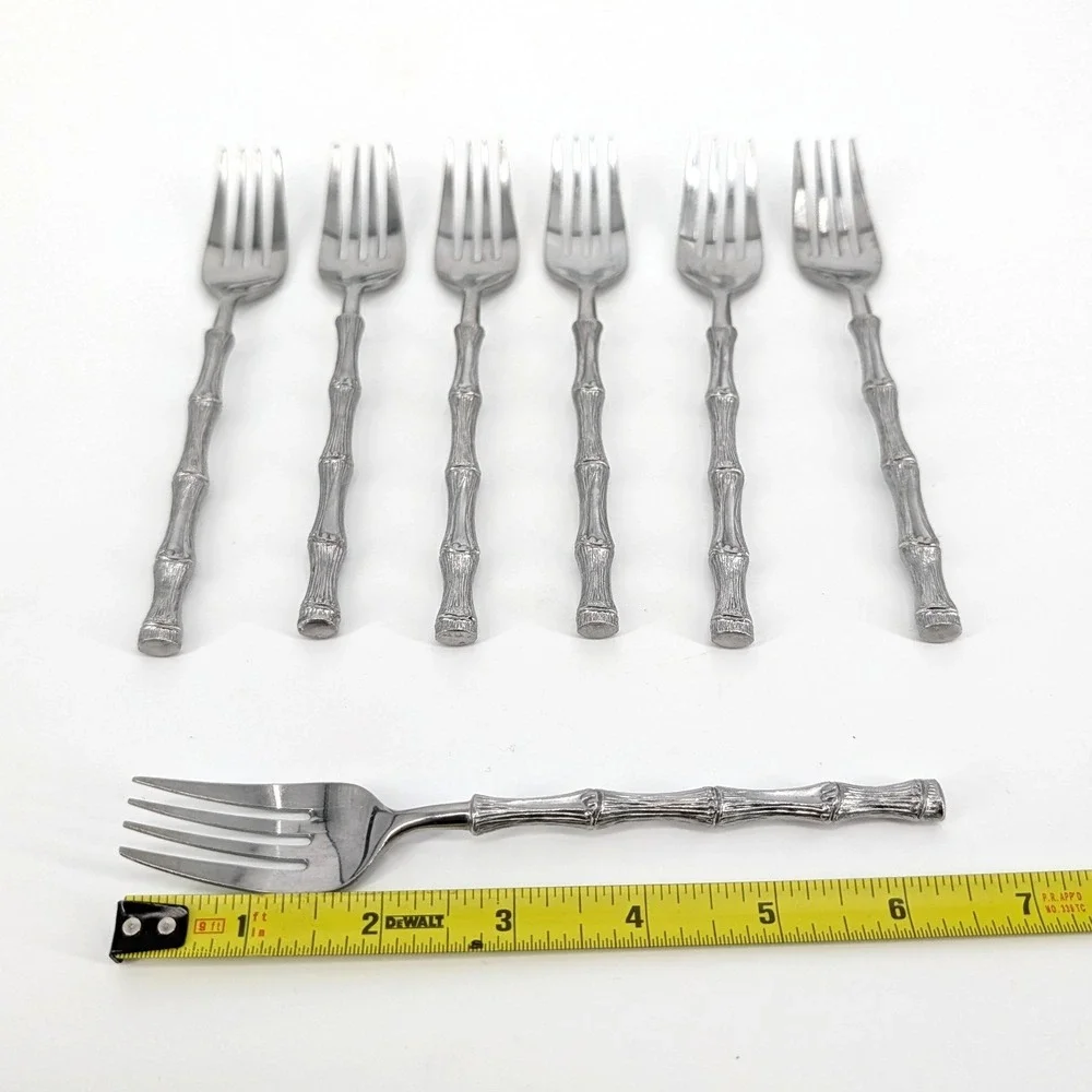 Oxford Hall Bamboo Handle Forks Set of 7 Stainless Steel Japan Vintage 7.25in